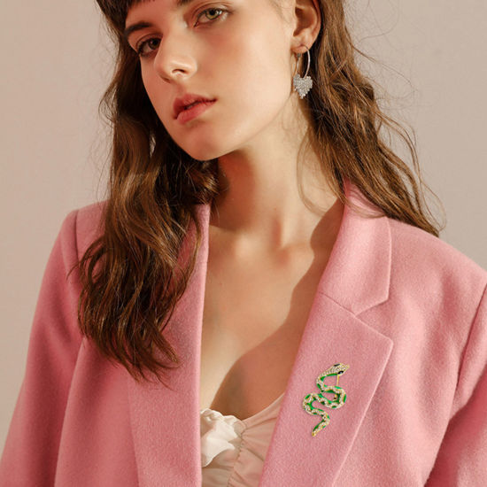 Picture of Gothic Pin Brooches Snake Animal Gold Plated Multicolor Clear Rhinestone