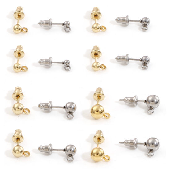 Picture of 304 Stainless Steel Ear Post Stud Earring With Loop Connector Accessories Round With Stoppers