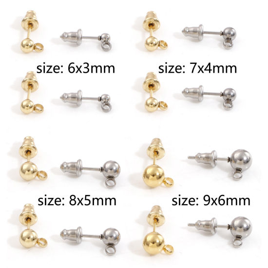 Picture of 304 Stainless Steel Ear Post Stud Earring With Loop Connector Accessories Round With Stoppers