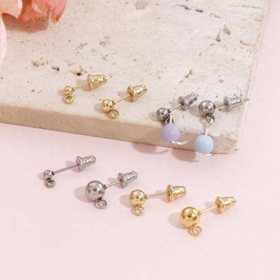Picture of 304 Stainless Steel Ear Post Stud Earring With Loop Connector Accessories Round With Stoppers