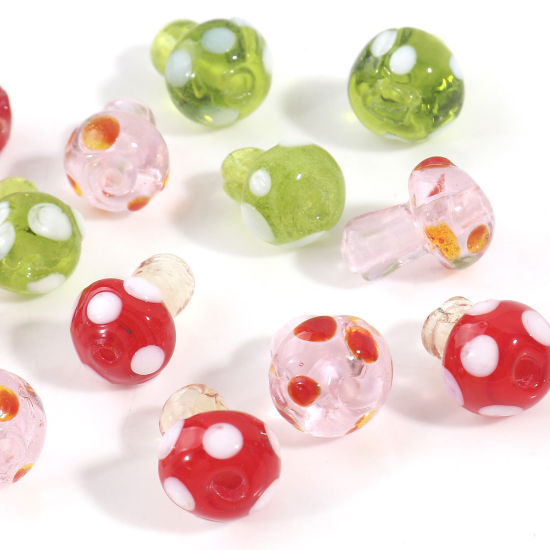 Picture of Lampwork Glass Flora Collection Beads For DIY Jewelry Making Mushroom Multicolor Dot About 14mm x 10mm