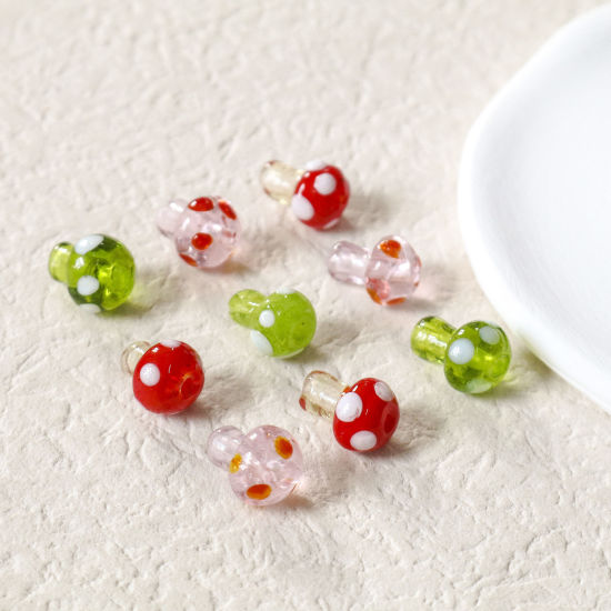 Picture of Lampwork Glass Flora Collection Beads For DIY Jewelry Making Mushroom Multicolor Dot About 14mm x 10mm