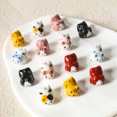 Ceramic Beads For DIY Jewelry Making Cat Animal Multicolor 3D About 16mm x 13mm