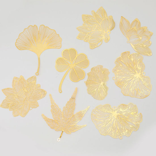 Bild von Messing Filigran Stempel Verzierung Anhänger Messingfarbe Blätter Blumen Blank 2 Stück                                                                                                                                                                        