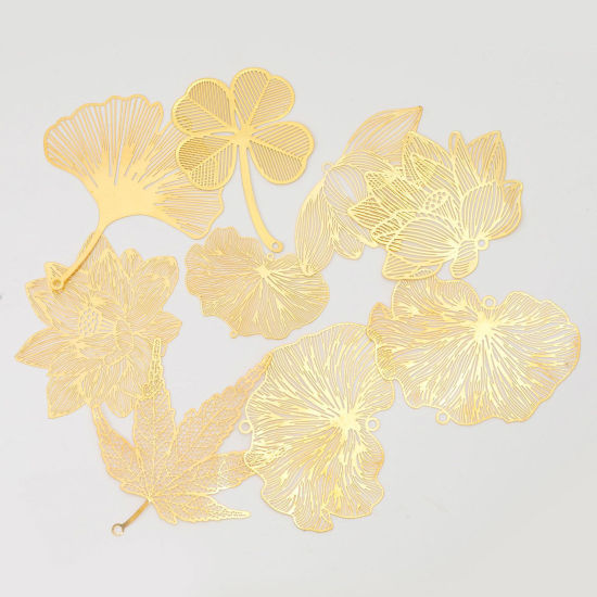 Bild von Messing Filigran Stempel Verzierung Anhänger Messingfarbe Blätter Blumen Blank 2 Stück                                                                                                                                                                        