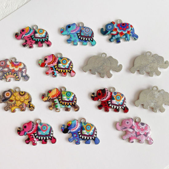 Picture of Zinc Based Alloy Ethnic Charms Silver Tone Multicolor Elephant Animal Enamel 25mm x 16mm