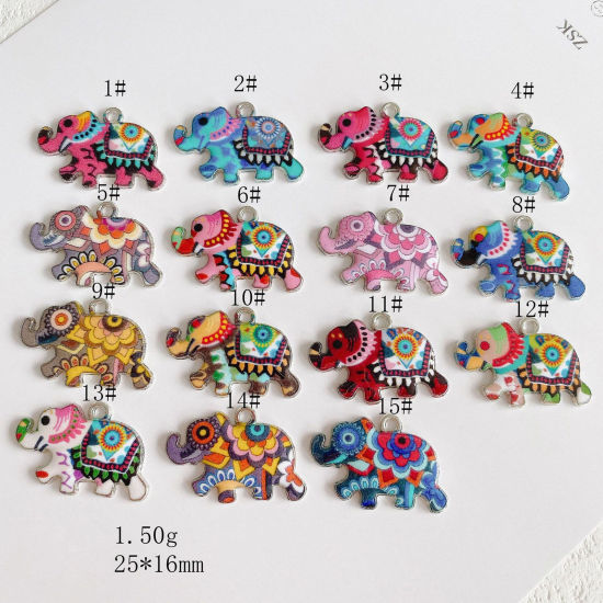 Picture of Zinc Based Alloy Ethnic Charms Silver Tone Multicolor Elephant Animal Enamel 25mm x 16mm