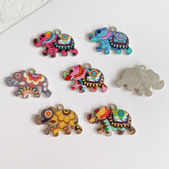 Picture of Zinc Based Alloy Ethnic Charms Silver Tone Multicolor Elephant Animal Enamel 25mm x 16mm