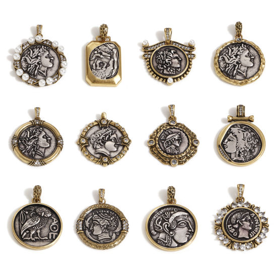 Imagen de 1 Unidad Latón Coin Colgantes Charms Plata Antigua Bronce Antiguo Dos Colores Retrato Cabeza Doble Cara