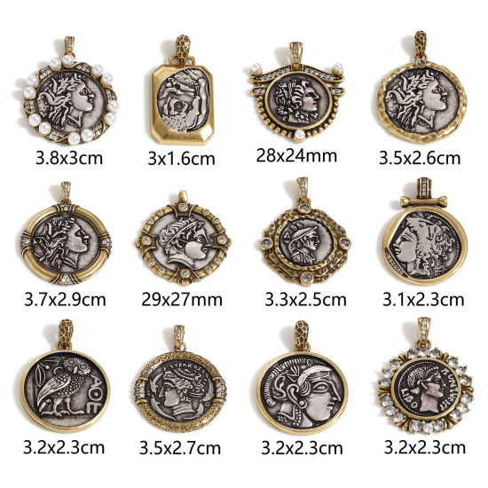 Imagen de 1 Unidad Latón Coin Colgantes Charms Plata Antigua Bronce Antiguo Dos Colores Retrato Cabeza Doble Cara