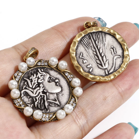 Imagen de 1 Unidad Latón Coin Colgantes Charms Plata Antigua Bronce Antiguo Dos Colores Retrato Cabeza Doble Cara