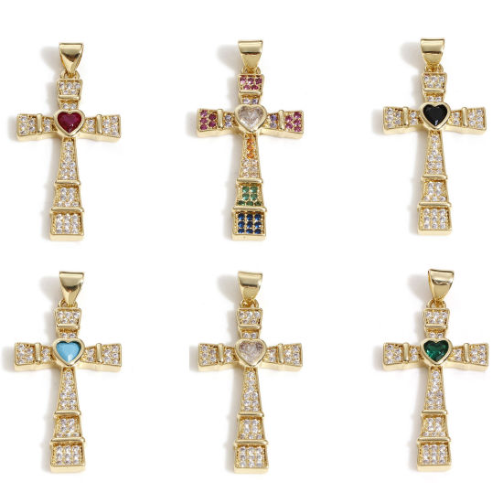 Immagine di Ottone Religione Ciondoli Croce 18K Vero Oro Placcato Cuore Micro Spianare 3.5cm x 1.7cm, 1 Pz