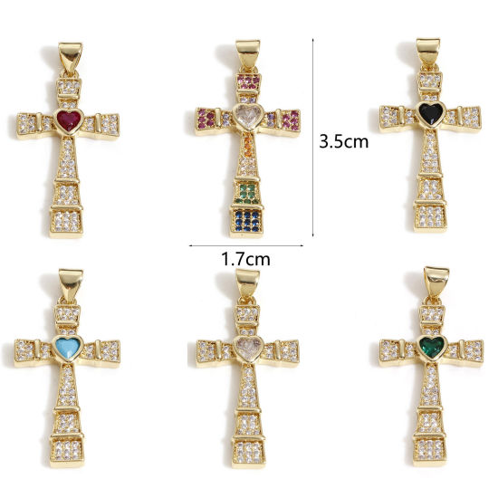 Immagine di Ottone Religione Ciondoli Croce 18K Vero Oro Placcato Cuore Micro Spianare 3.5cm x 1.7cm, 1 Pz