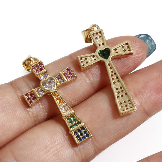 Immagine di Ottone Religione Ciondoli Croce 18K Vero Oro Placcato Cuore Micro Spianare 3.5cm x 1.7cm, 1 Pz