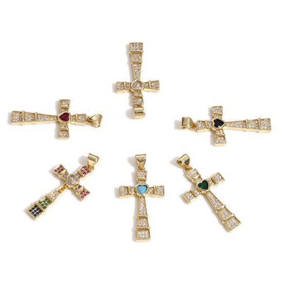 Immagine di Ottone Religione Ciondoli Croce 18K Vero Oro Placcato Cuore Micro Spianare 3.5cm x 1.7cm, 1 Pz