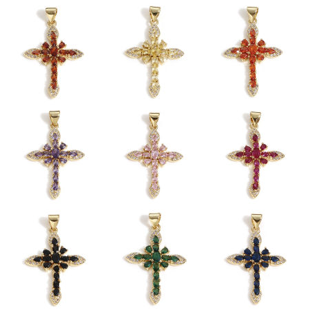 Brass Religious Pendants 18K Real Gold Plated Cross Multicolour Cubic Zirconia 3.6cm x 2.1cm