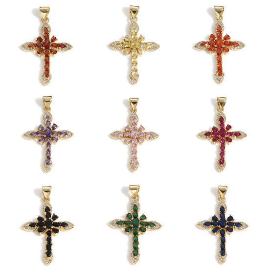 Image de Pendentifs Religieux en Laiton Croix Plaqué Or Véritable 18K à Zircone Cubique Multicolore 3.6cm x 2.1cm, 1 Pièce