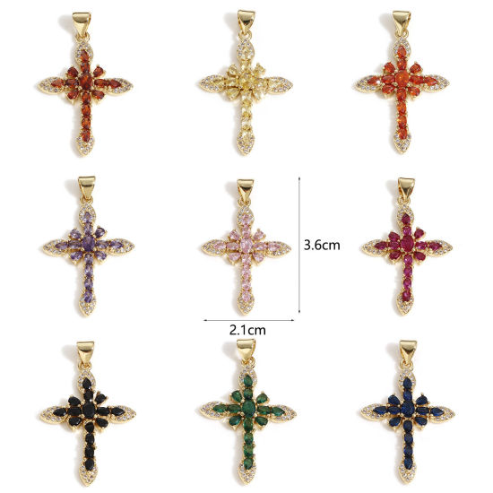 Image de Pendentifs Religieux en Laiton Croix Plaqué Or Véritable 18K à Zircone Cubique Multicolore 3.6cm x 2.1cm, 1 Pièce