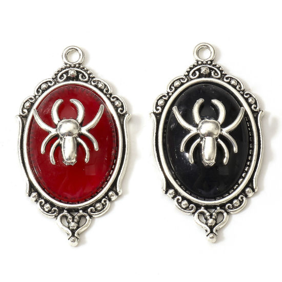 Bild von Zinklegierung Halloween Anhänger Antiksilber Spiegel Halloween Spinne Mit Harz Cabochons 4.3cm x 2.4cm, 5 Stück