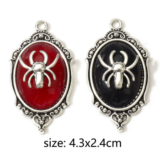 Bild von Zinklegierung Halloween Anhänger Antiksilber Spiegel Halloween Spinne Mit Harz Cabochons 4.3cm x 2.4cm, 5 Stück