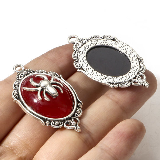 Bild von Zinklegierung Halloween Anhänger Antiksilber Spiegel Halloween Spinne Mit Harz Cabochons 4.3cm x 2.4cm, 5 Stück