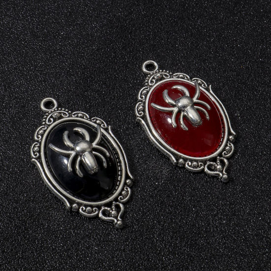 Bild von Zinklegierung Halloween Anhänger Antiksilber Spiegel Halloween Spinne Mit Harz Cabochons 4.3cm x 2.4cm, 5 Stück