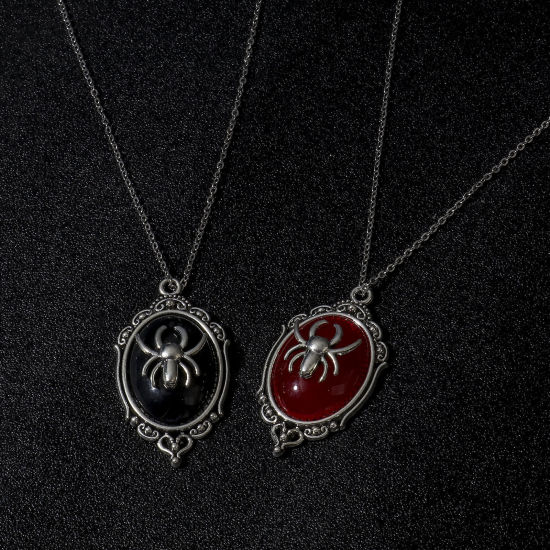 Bild von Zinklegierung Halloween Anhänger Antiksilber Spiegel Halloween Spinne Mit Harz Cabochons 4.3cm x 2.4cm, 5 Stück