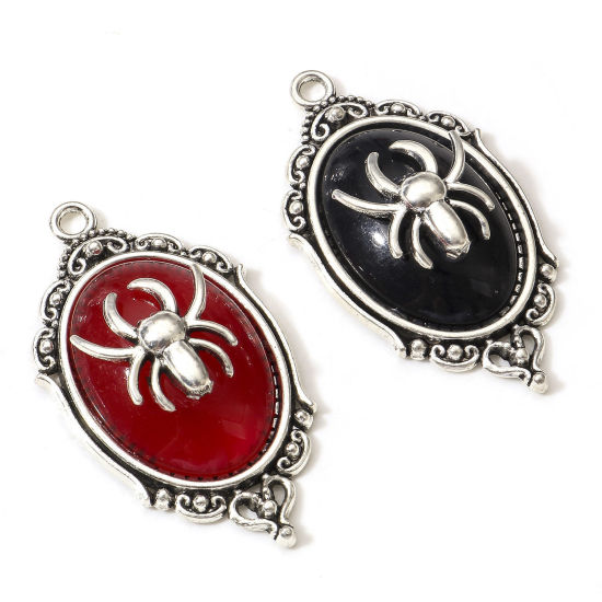 Bild von Zinklegierung Halloween Anhänger Antiksilber Spiegel Halloween Spinne Mit Harz Cabochons 4.3cm x 2.4cm, 5 Stück