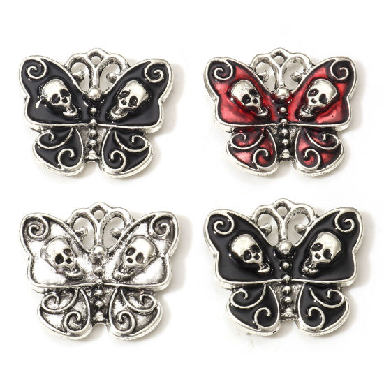 Imagen de Zamak Halloween Colgantes Charms Plata Antigua Mariposa Cráneo Esmalte 23mm x 21mm, 10 Unidades