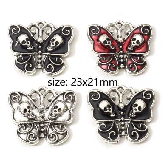 Imagen de Zamak Halloween Colgantes Charms Plata Antigua Mariposa Cráneo Esmalte 23mm x 21mm, 10 Unidades