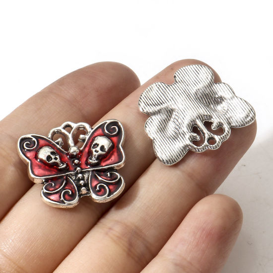 Imagen de Zamak Halloween Colgantes Charms Plata Antigua Mariposa Cráneo Esmalte 23mm x 21mm, 10 Unidades