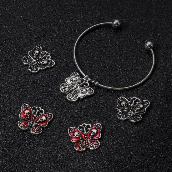 Imagen de Zamak Halloween Colgantes Charms Plata Antigua Mariposa Cráneo Esmalte 23mm x 21mm, 10 Unidades