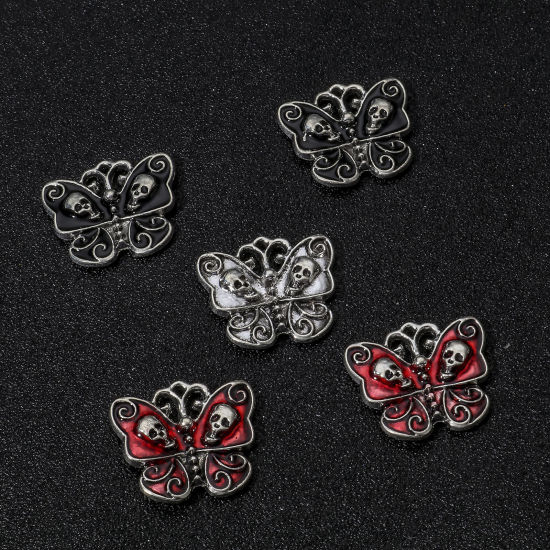 Imagen de Zamak Halloween Colgantes Charms Plata Antigua Mariposa Cráneo Esmalte 23mm x 21mm, 10 Unidades
