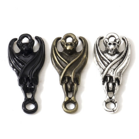 Bild von Zinklegierung Halloween Steckverbinder Charms Anhänger Bunt Halloween Fledermaus 21mm x 9mm, 50 Stück