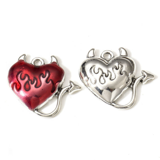 Immagine di Lega di Zinco Halloween Charms Argento Antico Cuore Il Diavolo 27mm x 24mm, 10 Pz