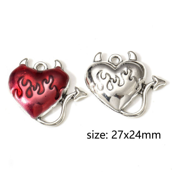 Immagine di Lega di Zinco Halloween Charms Argento Antico Cuore Il Diavolo 27mm x 24mm, 10 Pz