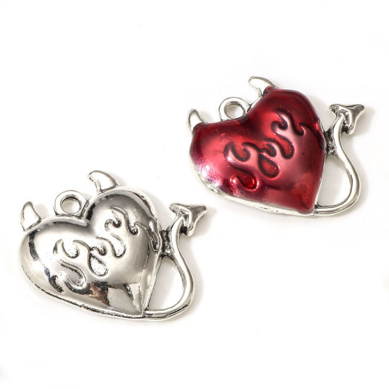 Immagine di Lega di Zinco Halloween Charms Argento Antico Cuore Il Diavolo 27mm x 24mm, 10 Pz