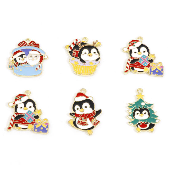 Immagine di Lega di Zinco Natale Charms Oro Chiaro Multicolore Pinguino Smalto 10 Pz