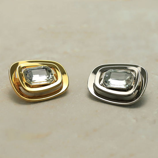 Picture of Alloy Metal Sewing Shank Buttons Golden Rectangle Clear Rhinestone