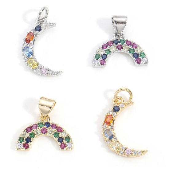 Picture of Brass Charms Real Gold Plated Half Moon Rainbow Micro Pave Multicolour Cubic Zirconia