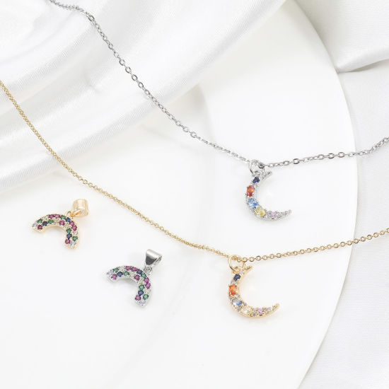 Picture of Brass Charms Real Gold Plated Half Moon Rainbow Micro Pave Multicolour Cubic Zirconia