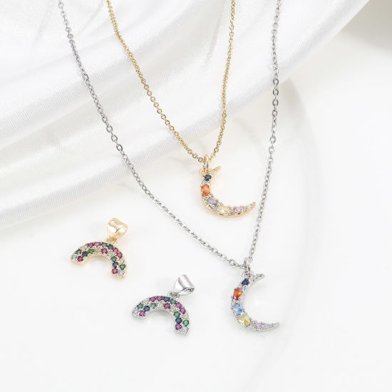Picture of Brass Charms Real Gold Plated Half Moon Rainbow Micro Pave Multicolour Cubic Zirconia