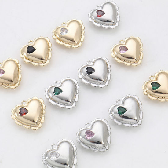 Immagine di Ottone San Valentino Charms Cuore Vero Oro Placcato Filigrana Multicolore Cubic Zirconiae 16mm x 15mm, 2 Pz