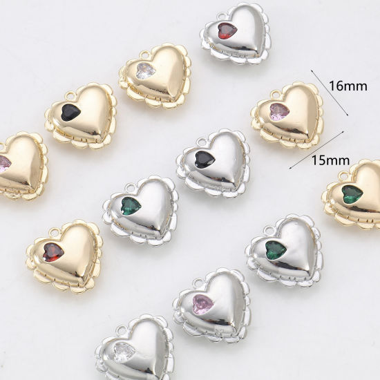 Immagine di Ottone San Valentino Charms Cuore Vero Oro Placcato Filigrana Multicolore Cubic Zirconiae 16mm x 15mm, 2 Pz