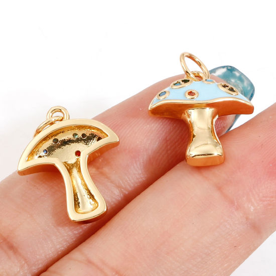 Изображение Латунь Подвески Гриб 18-каратный золотой цвет Разноцветный С Эмалью Разноцветный Искусственный Циркон 20мм x 14мм, 1 ШТ