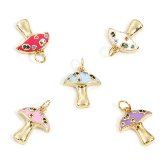 Изображение Латунь Подвески Гриб 18-каратный золотой цвет Разноцветный С Эмалью Разноцветный Искусственный Циркон 20мм x 14мм, 1 ШТ