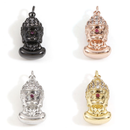 Immagine di Ottone Religione Charms Budda Multicolore Micro Spianare Trasparente & Rosso Cubic Zirconiae 18mm x 8mm, 1 Pz