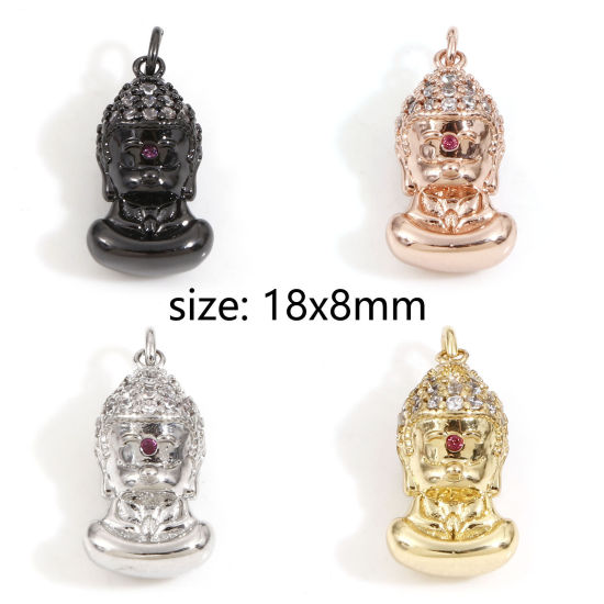 Immagine di Ottone Religione Charms Budda Multicolore Micro Spianare Trasparente & Rosso Cubic Zirconiae 18mm x 8mm, 1 Pz