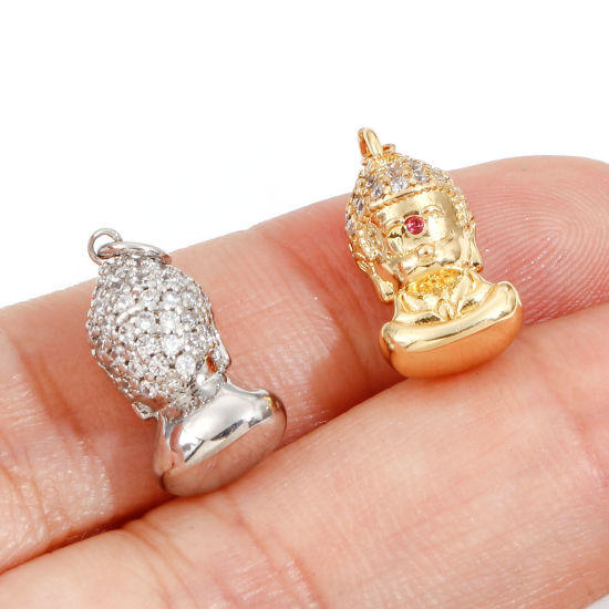 Immagine di Ottone Religione Charms Budda Multicolore Micro Spianare Trasparente & Rosso Cubic Zirconiae 18mm x 8mm, 1 Pz