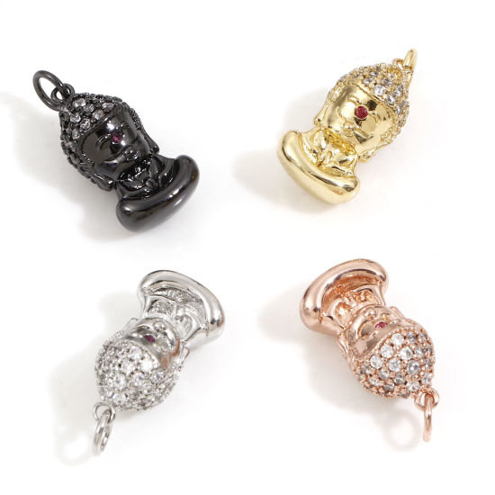 Immagine di Ottone Religione Charms Budda Multicolore Micro Spianare Trasparente & Rosso Cubic Zirconiae 18mm x 8mm, 1 Pz